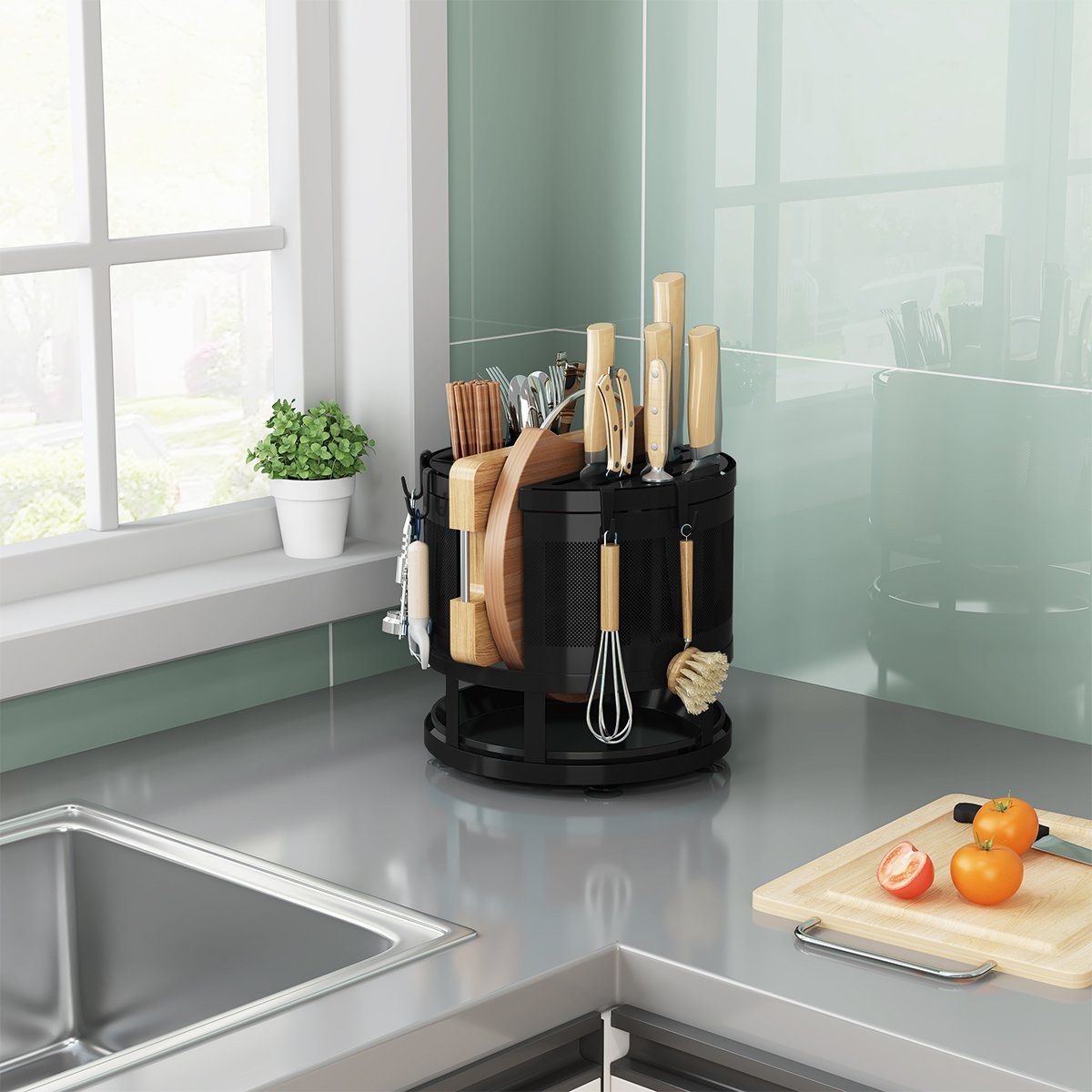 HALMAN - Porta Servicios Escurridor Cocina Utensilios Giratorio