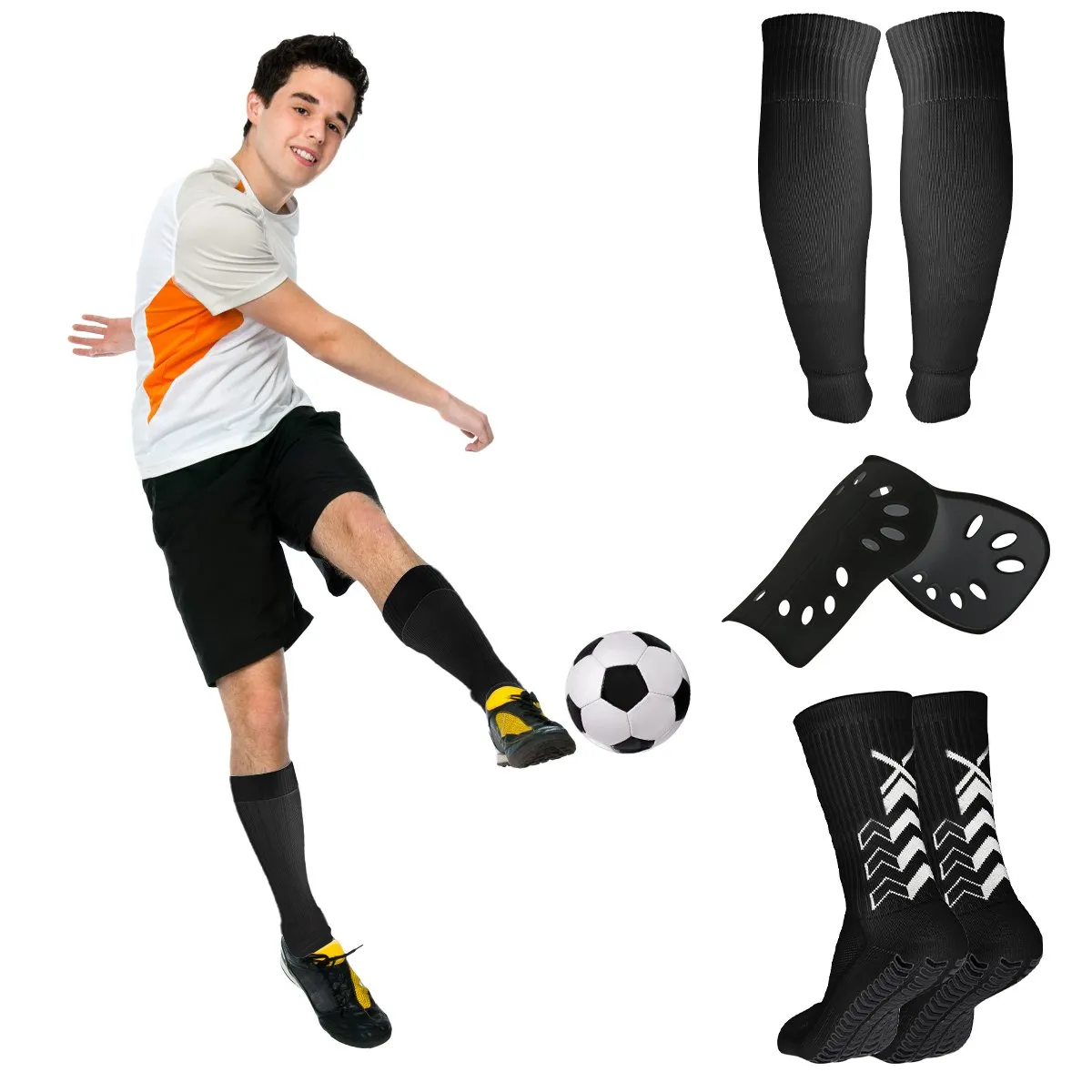 KOKILA - Kit Fútbol 3 en 1: Calcetas Antideslizantes + Canilleras Pro