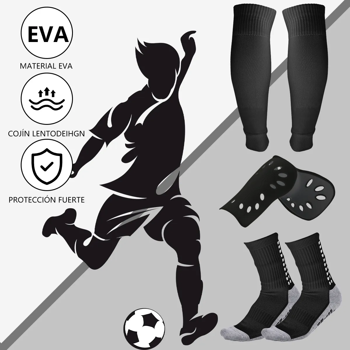 KOKILA - Kit Futbol 3 en 1 Calcetas Antideslizantes Canilleras Pro