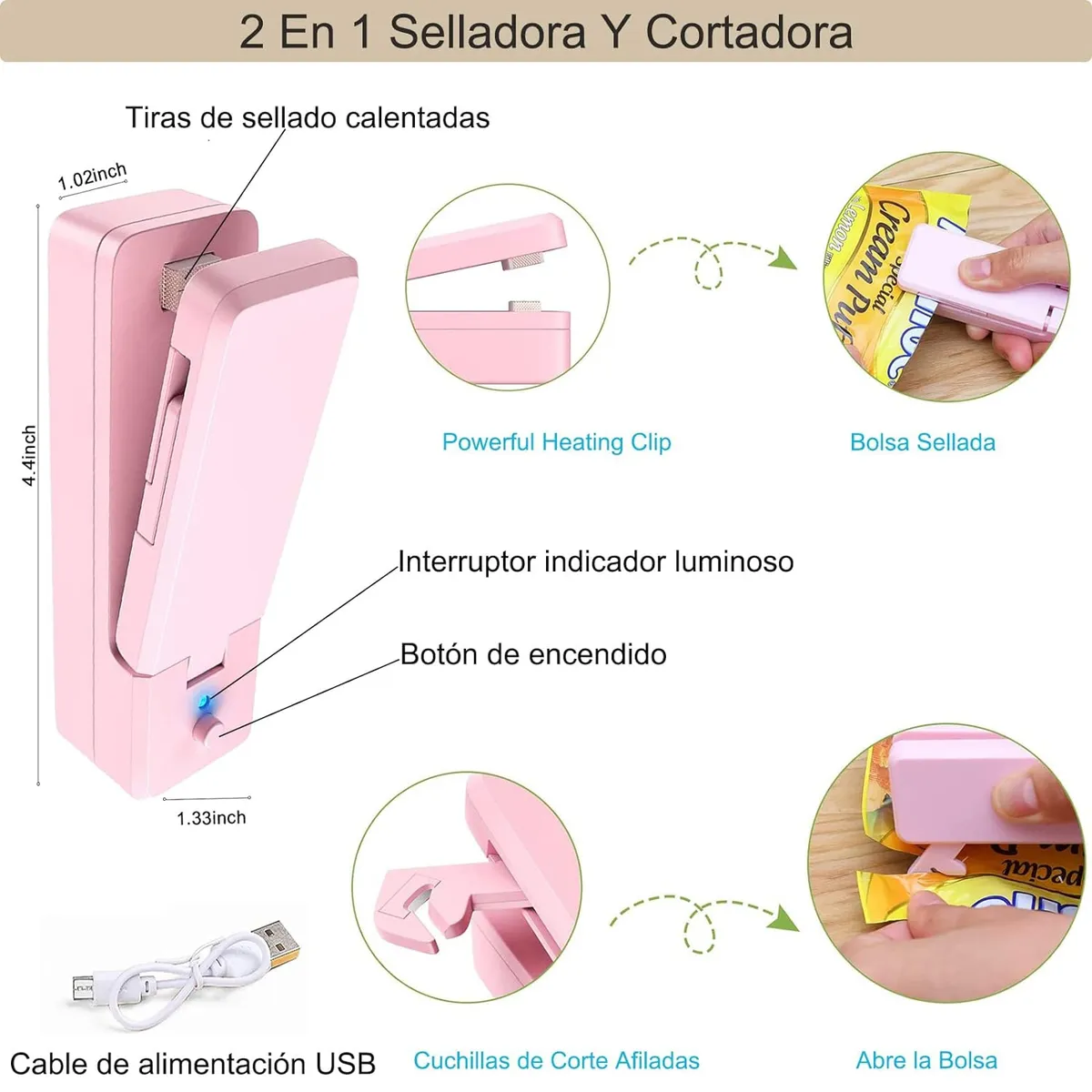 WELDMON - Sellador de bolsas de plástico sellador recargable USB-Rosa