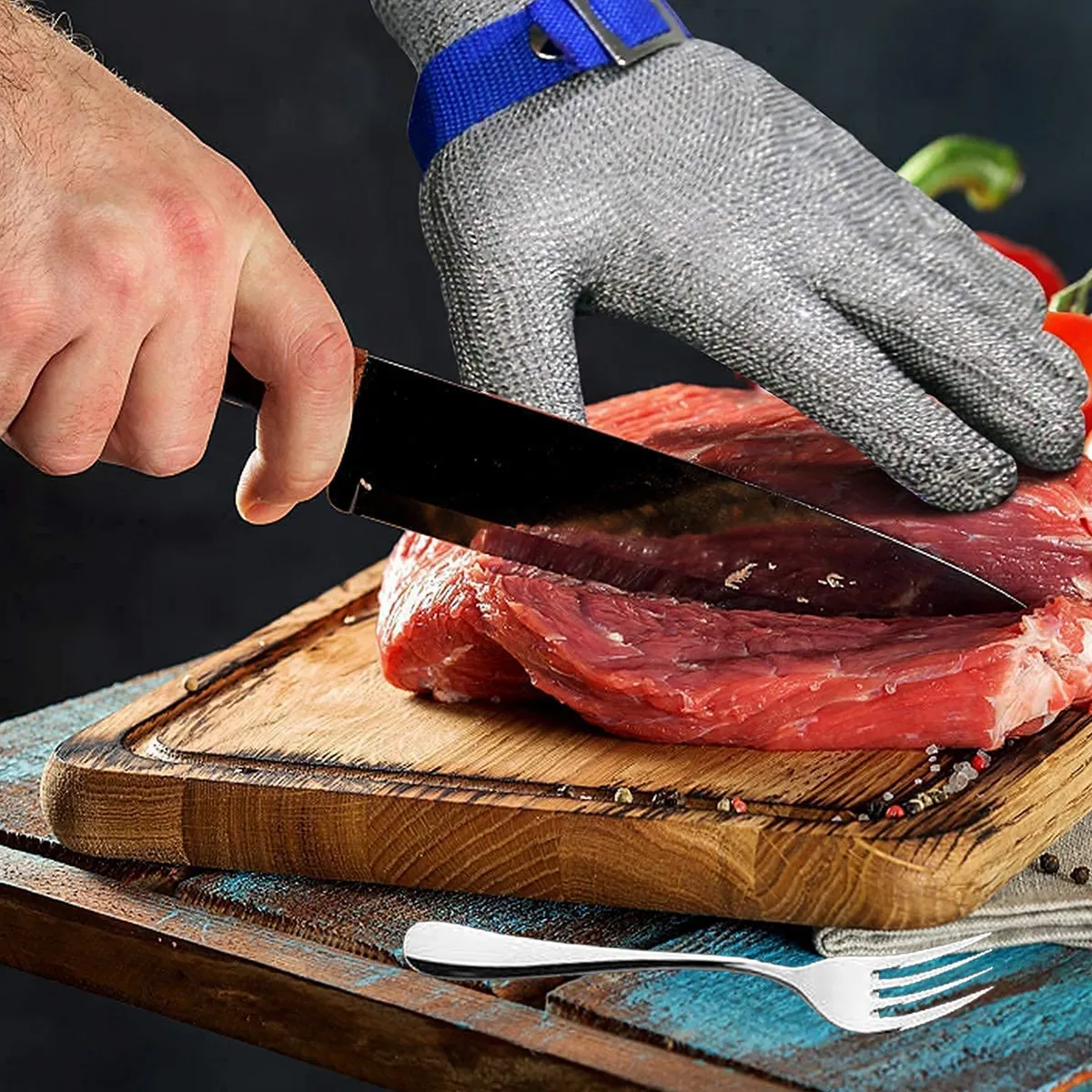 WELDMON - Guantes resistentes de acero inoxidable grado de comida alimentaria-M