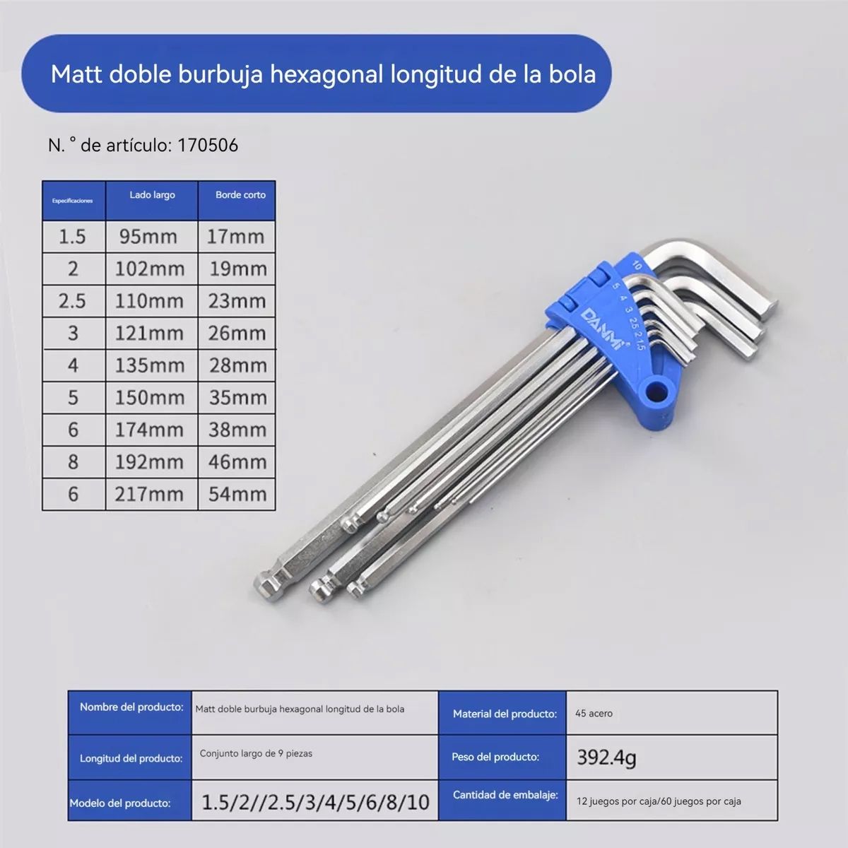 GENERICO - Juego De 9 Llaves Hexagonales De Bola En L Larga Danmi