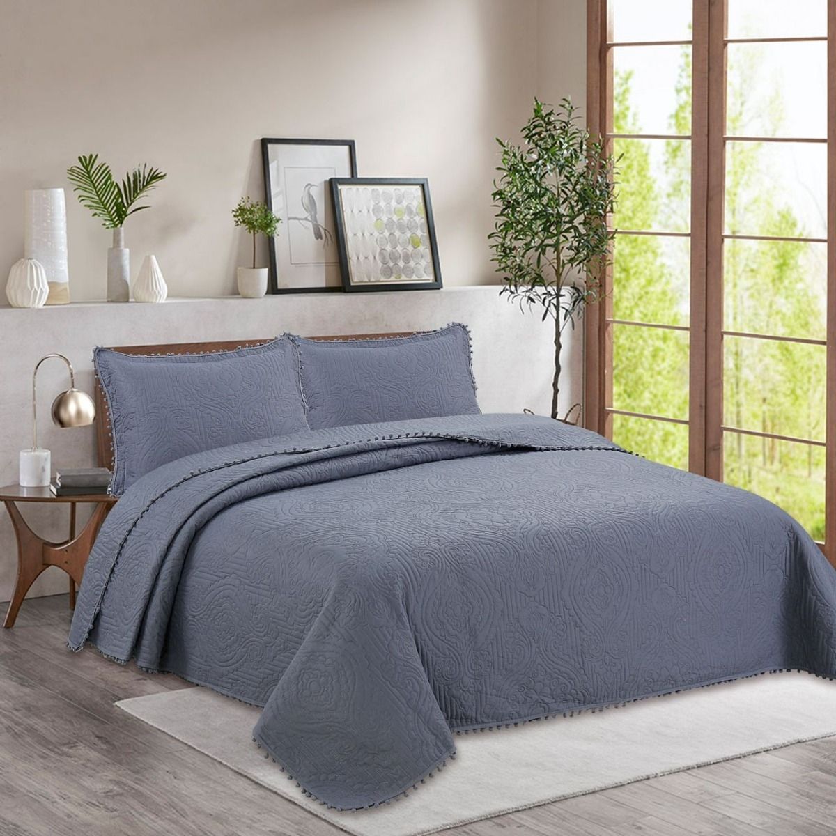 GENERICO - Cubrecama Quilt De Verano King 2.5 Plazas Pompones Gris