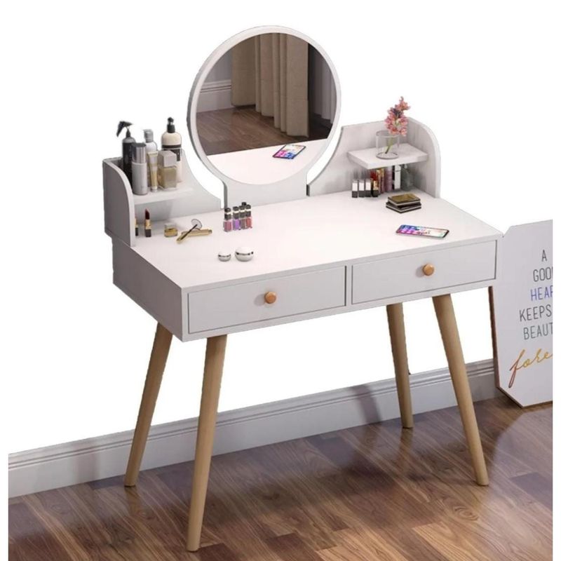 GENERICO - Tocador De Madera Con Espejo 2 Cajones Blanco Y Luz Led