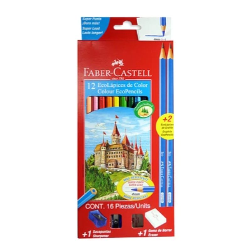 FABER-CASTELL - 12 LAPICES DE COLORES ECOLAPIZ +GOMA+SACAPUNTAS+2 GRAF