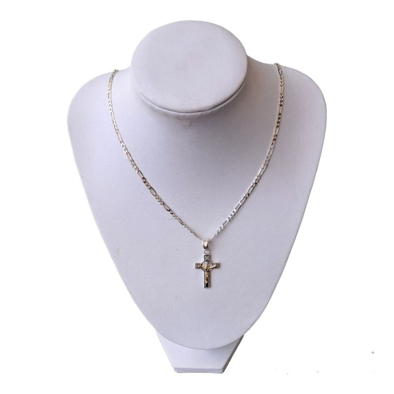 GENERICO - CRUZ CON SAN BENITO EN PLATA  Y ORO 14K  + CADENA DE 50 cm PARA MUJER