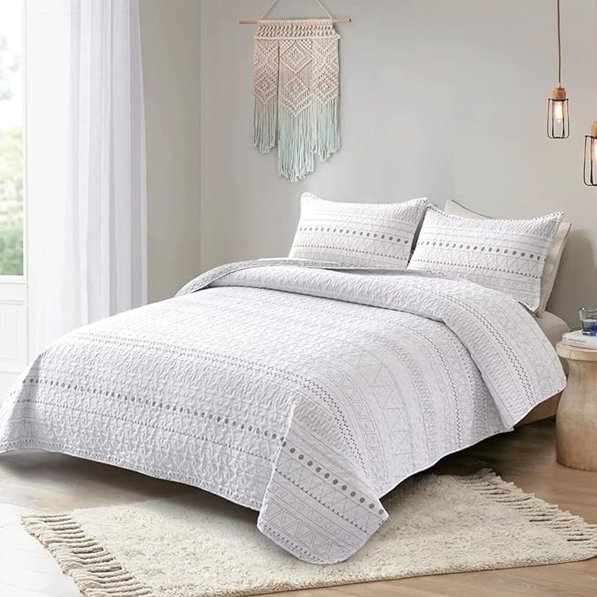 GENERICO - CUBRECAMA QUILT DE VERANO 1.5 PLAZA REVERSIBLE 100% ALGODON COLOR BLANCO CON DISEÑO