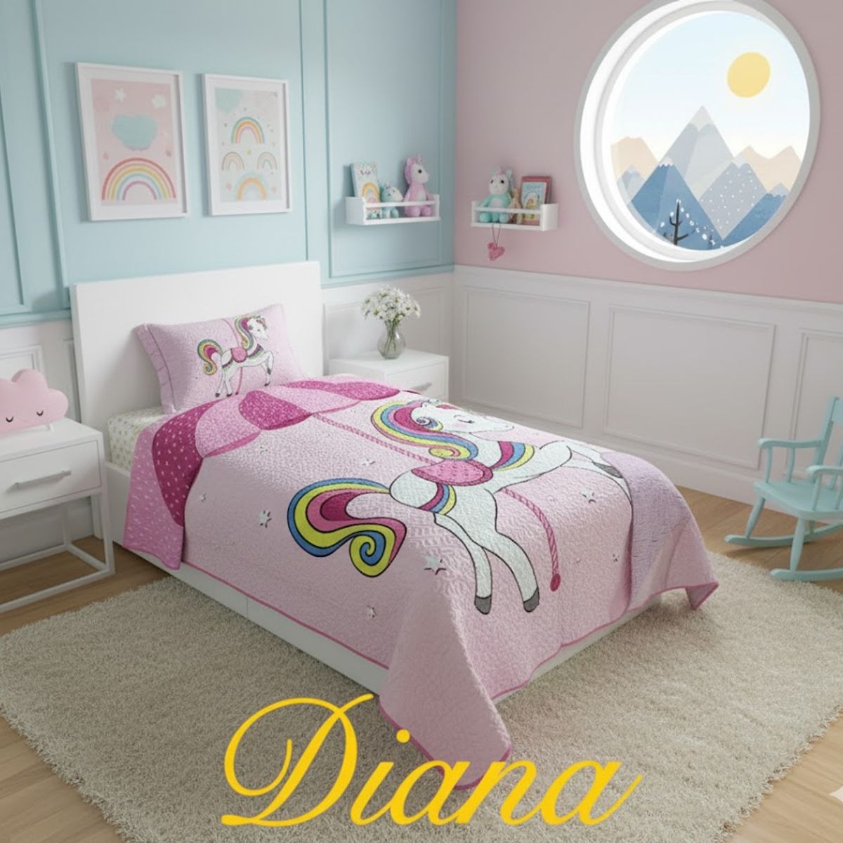 GENERICO - CUBRECAMA QUILT PARA NIÑA 1.5 Plaza DISEÑO UNICORNIO ROSA