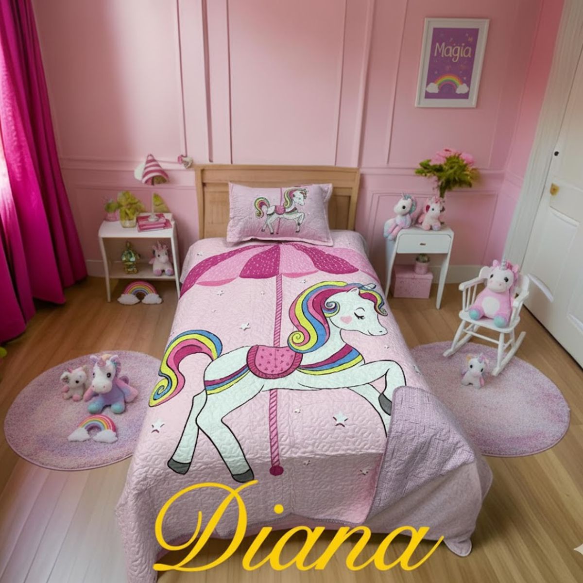 GENERICO - CUBRECAMA QUILT PARA NIÑA 1.5 Plaza DISEÑO UNICORNIO ROSA