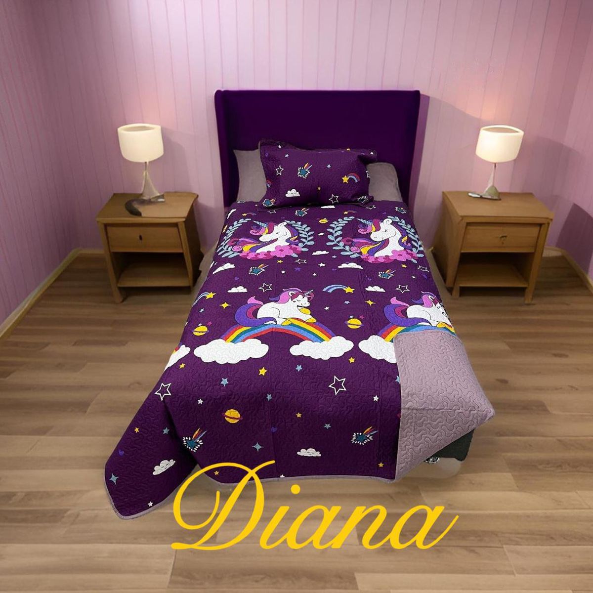 DIANA - CUBRECAMA QUILT DE VERANO 1.5 PLAZA INFANTIL MORADO UNICORNIO