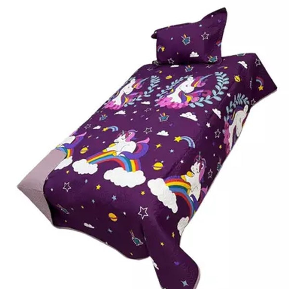 DIANA - CUBRECAMA QUILT DE VERANO 1.5 PLAZA INFANTIL MORADO UNICORNIO