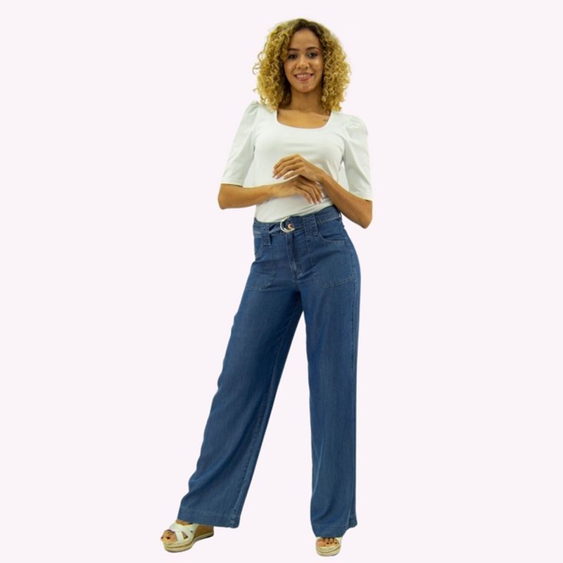 TENTATION - Pantalon Palazzo B Parche Tencel Azul