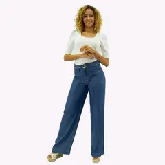 TENTATION - Pantalon Palazzo B Parche Tencel Azul