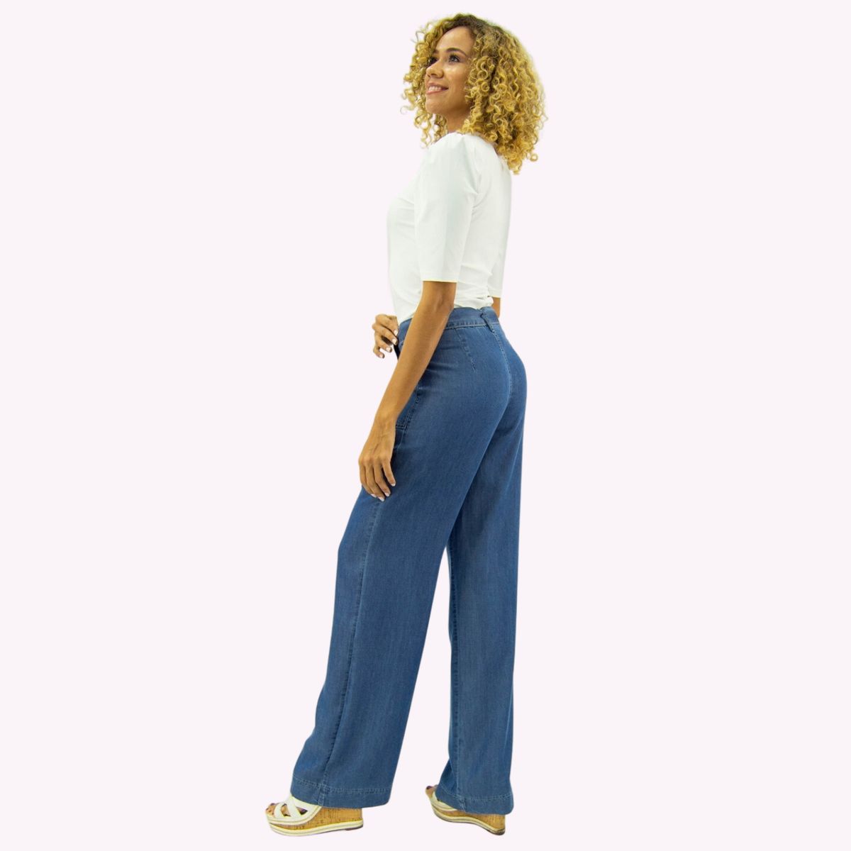 TENTATION - Pantalon Palazzo B Parche Tencel Azul
