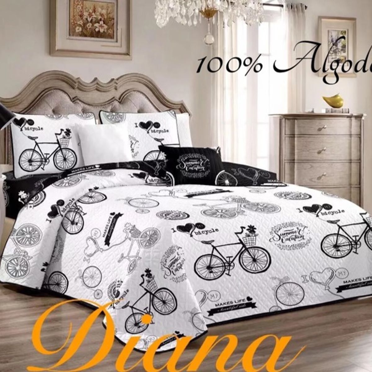 DIANA - CUBRECAMA QUILT DE VERANO 2 PLAZA DISEÑO BLANCO BICICLETAS