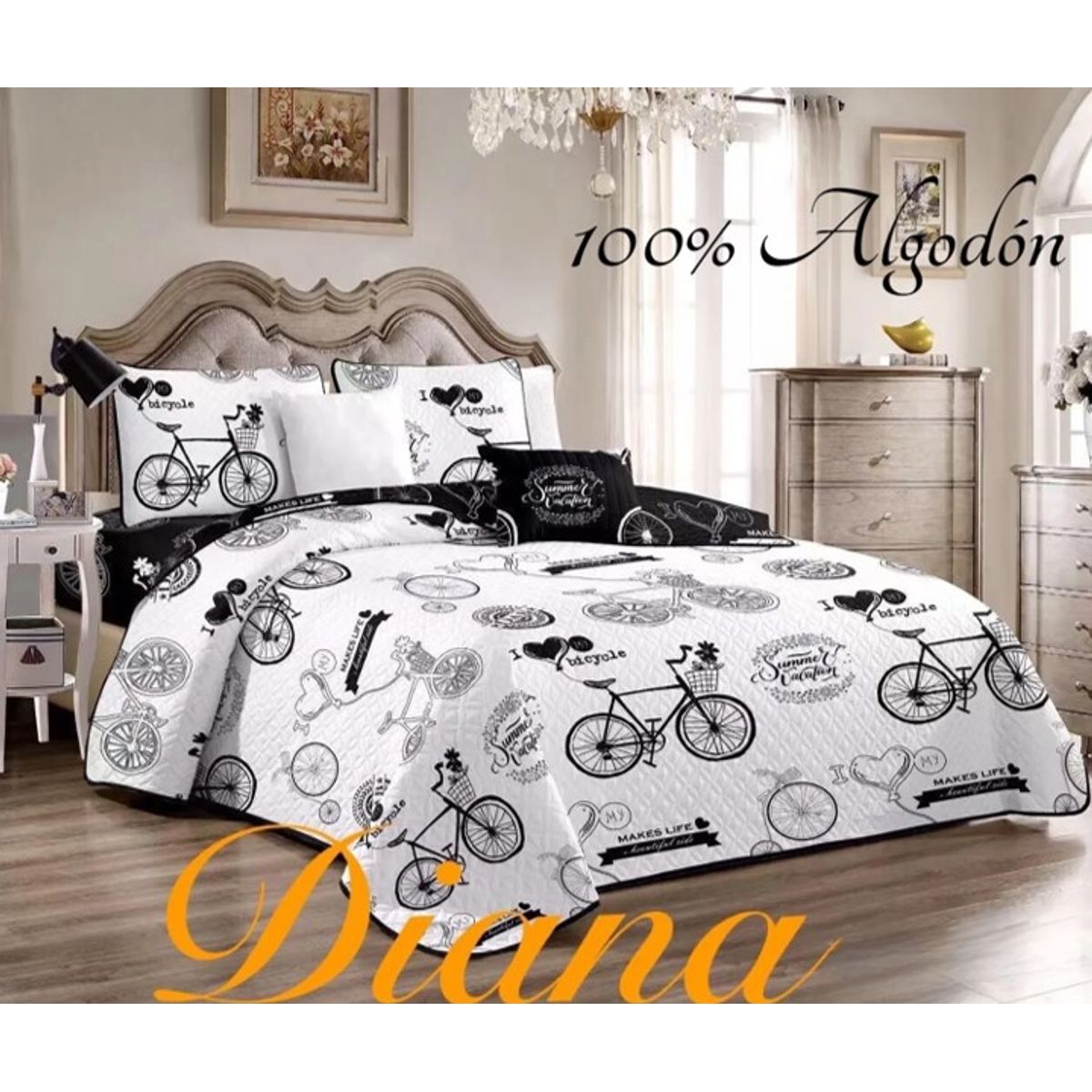 DIANA - CUBRECAMA QUILT DE VERANO 2 PLAZA DISEÑO BLANCO BICICLETAS
