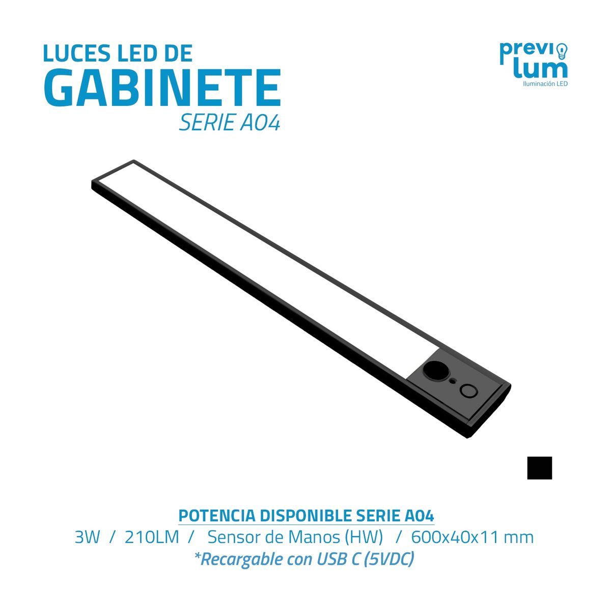 PREVILUM - LUZ LED DE GABINETE 60cm 3 LUZ EN 1 RECARGABLE NEGRA