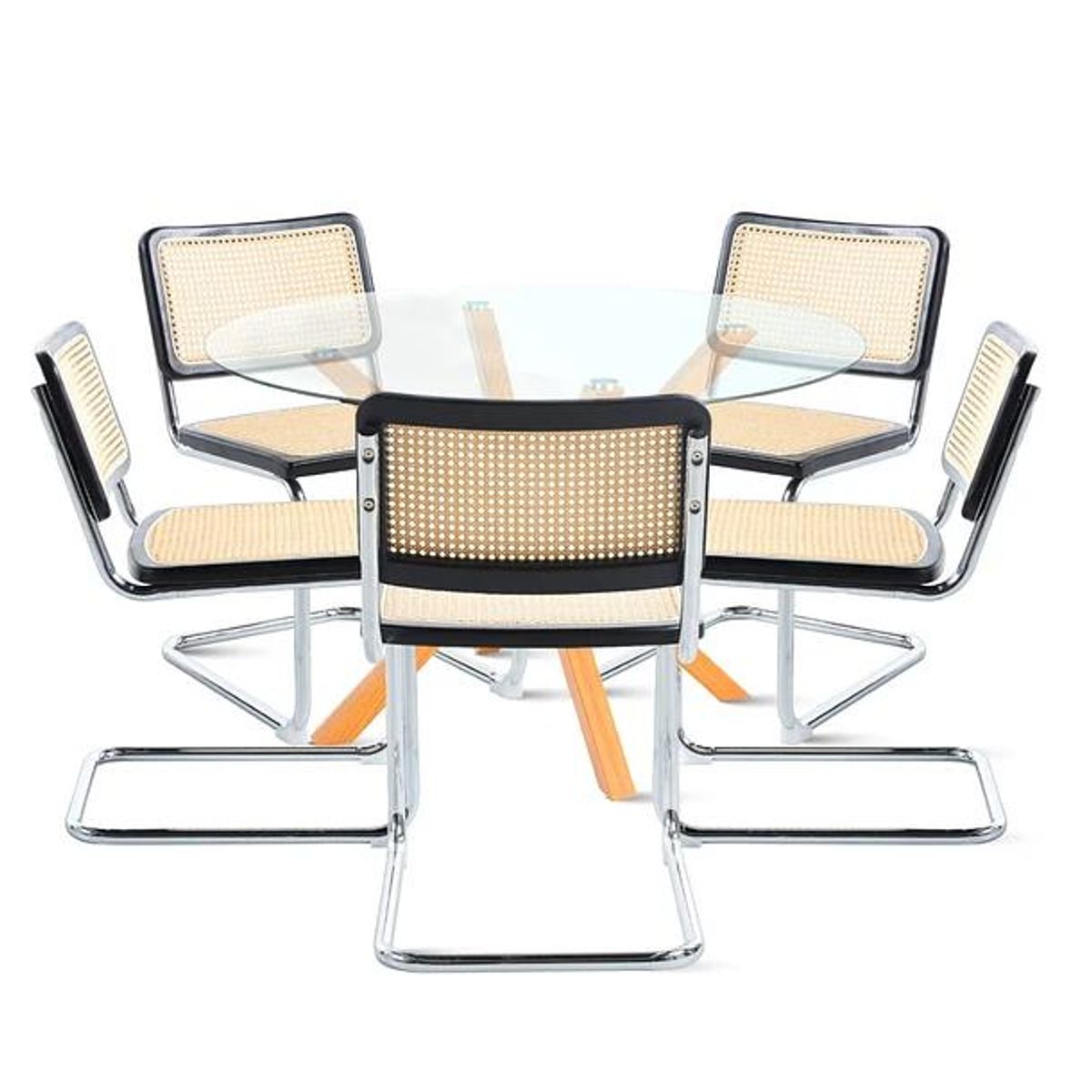KLIK - Mesa de comedor redonda de vidrio Cross 120cm + 5 Sillas Breuer madera - Negras KLIK