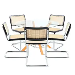 KLIK - Mesa de comedor redonda de vidrio Cross 120cm + 5 Sillas Breuer madera - Negras