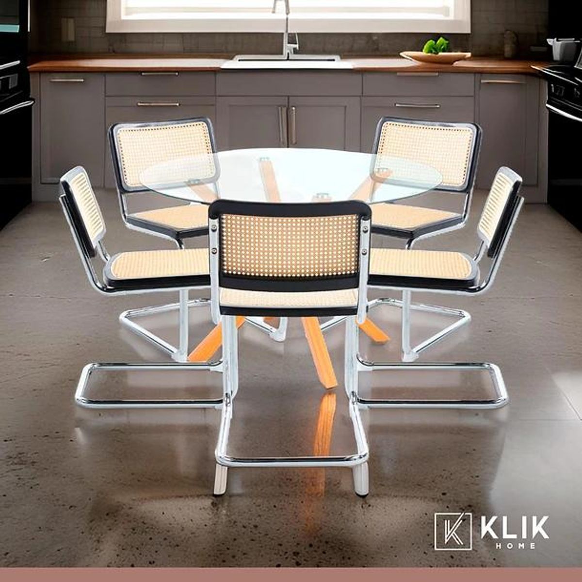 KLIK - Mesa de comedor redonda de vidrio Cross 120cm + 5 Sillas Breuer madera - Negras KLIK