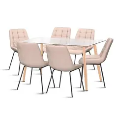KLIK - Mesa de Vidrio Rectangular 120x80 + 6 Silla Macron Terciopelo Beige