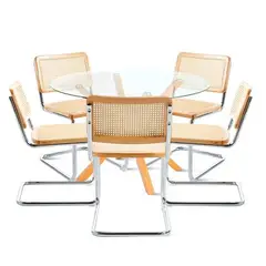 KLIK - Mesa de comedor redonda de vidrio Cross 120cm + 5 Sillas Breuer madera