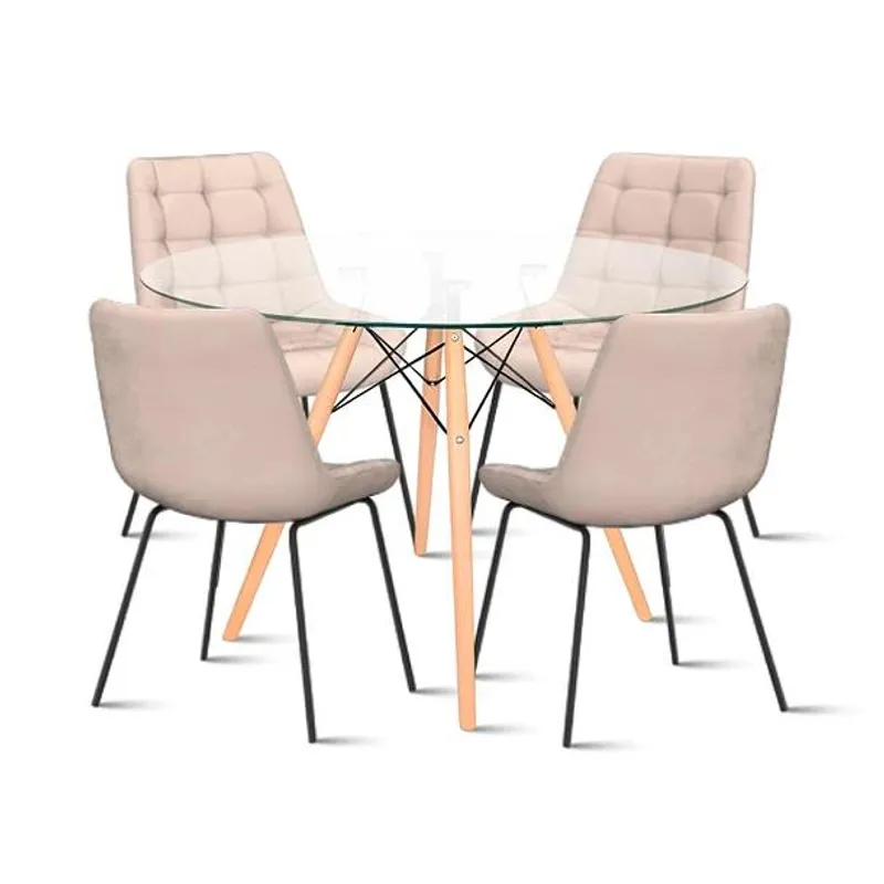 KLIK - Mesa Eames 80cm redonda vidrio + 4 Silla Macron Terciopelo Beige