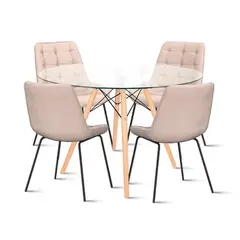 KLIK - Mesa Eames 80cm redonda vidrio + 4 Silla Macron Terciopelo Beige