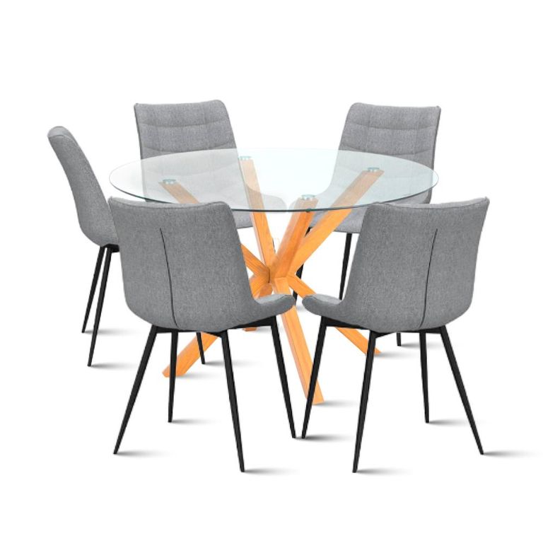 Comedor redonda de vidrio Cross 120cm + 5 Silla Macron Terciopelo Gris