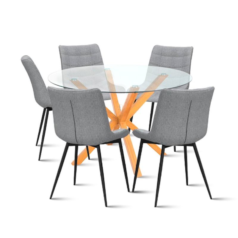 KLIK - Comedor redonda de vidrio Cross 120cm + 5 Silla Macron Terciopelo Gris