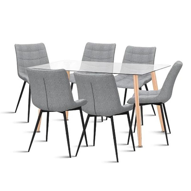 KLIK - Mesa de Vidrio Rectangular 120x80 + 6 Silla Macron Terciopelo - Gris