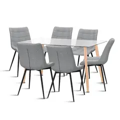 KLIK - Mesa de Vidrio Rectangular 120x80 + 6 Silla Macron Terciopelo - Gris