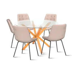 KLIK - Mesa redonda de vidrio Cross 120cm + 5 Silla Macron Terciopelo Beige