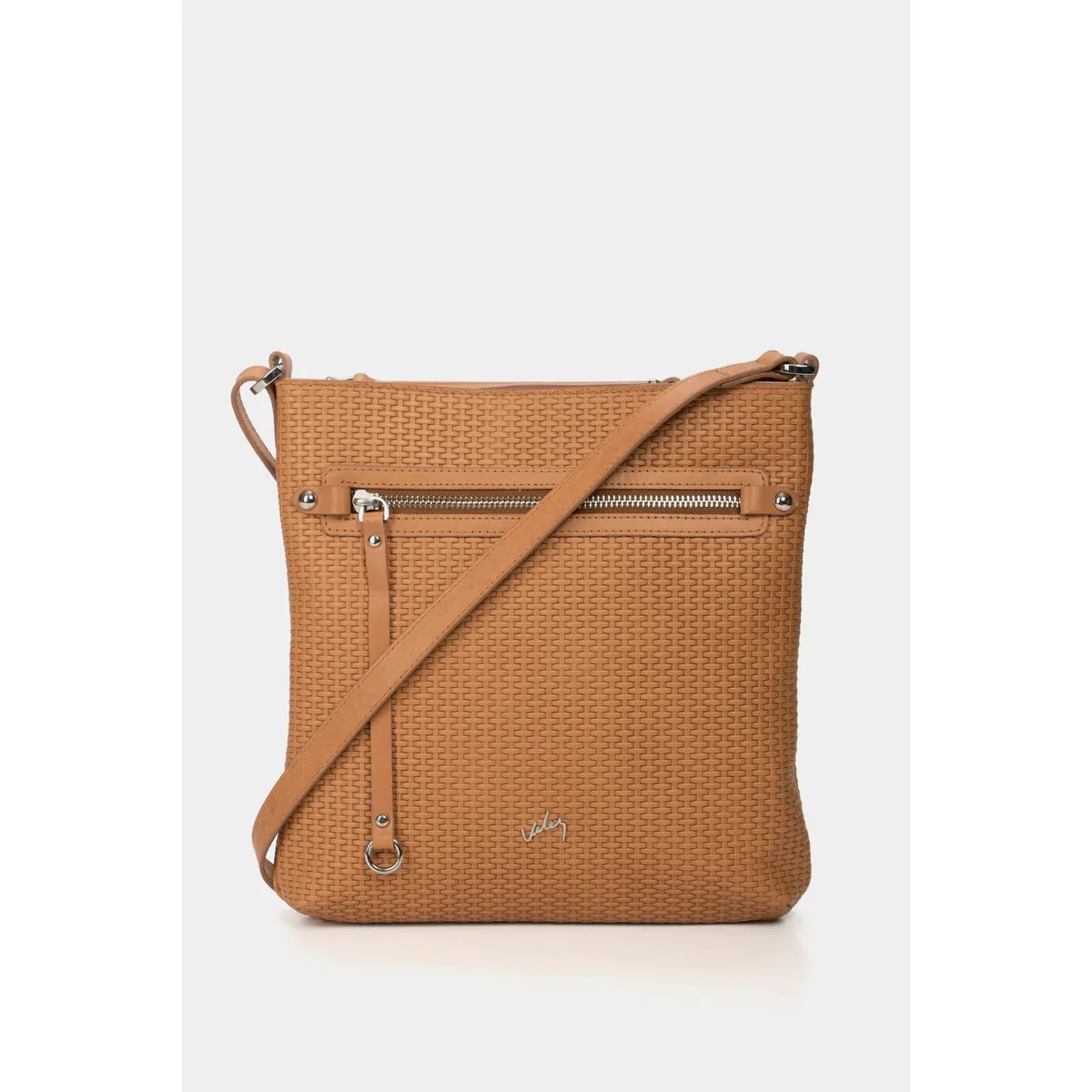 VELEZ - Vélez Cartera Bandolera Basic Cuero Mujer Grabado Placa Tejido Miel