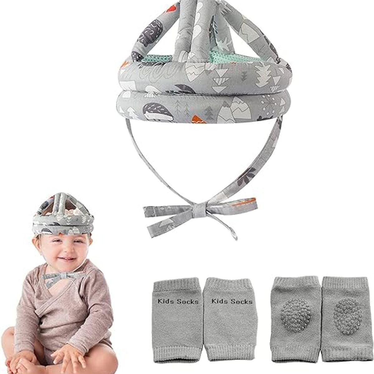 LELOX - Casco de seguridad para bebé con rodilleras（Gris）