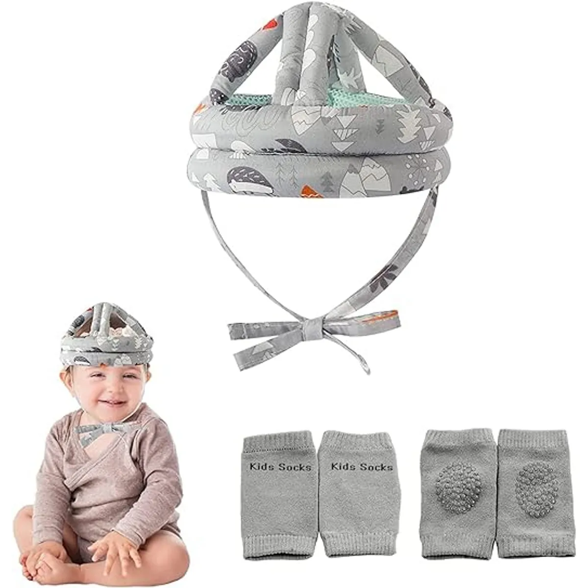 LELOX - Casco de seguridad para bebé con rodilleras（Gris）