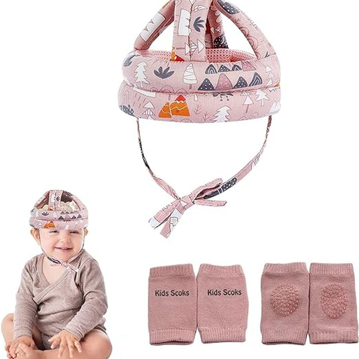 LELOX - Casco de seguridad para bebé con rodilleras（Rosa）