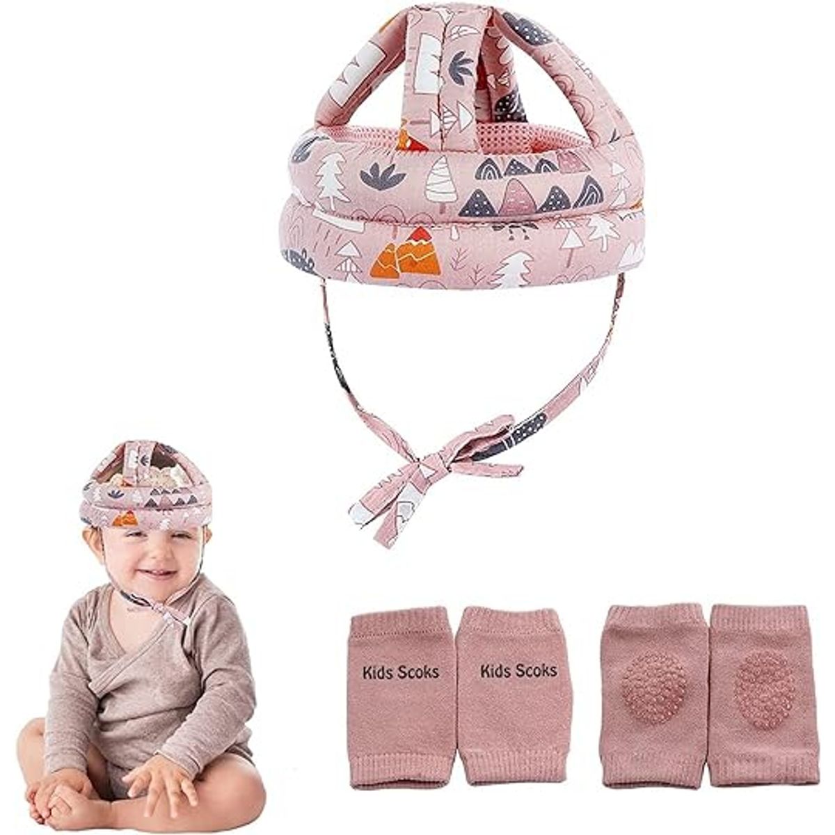 LELOX - Casco de seguridad para bebé con rodilleras（Rosa）