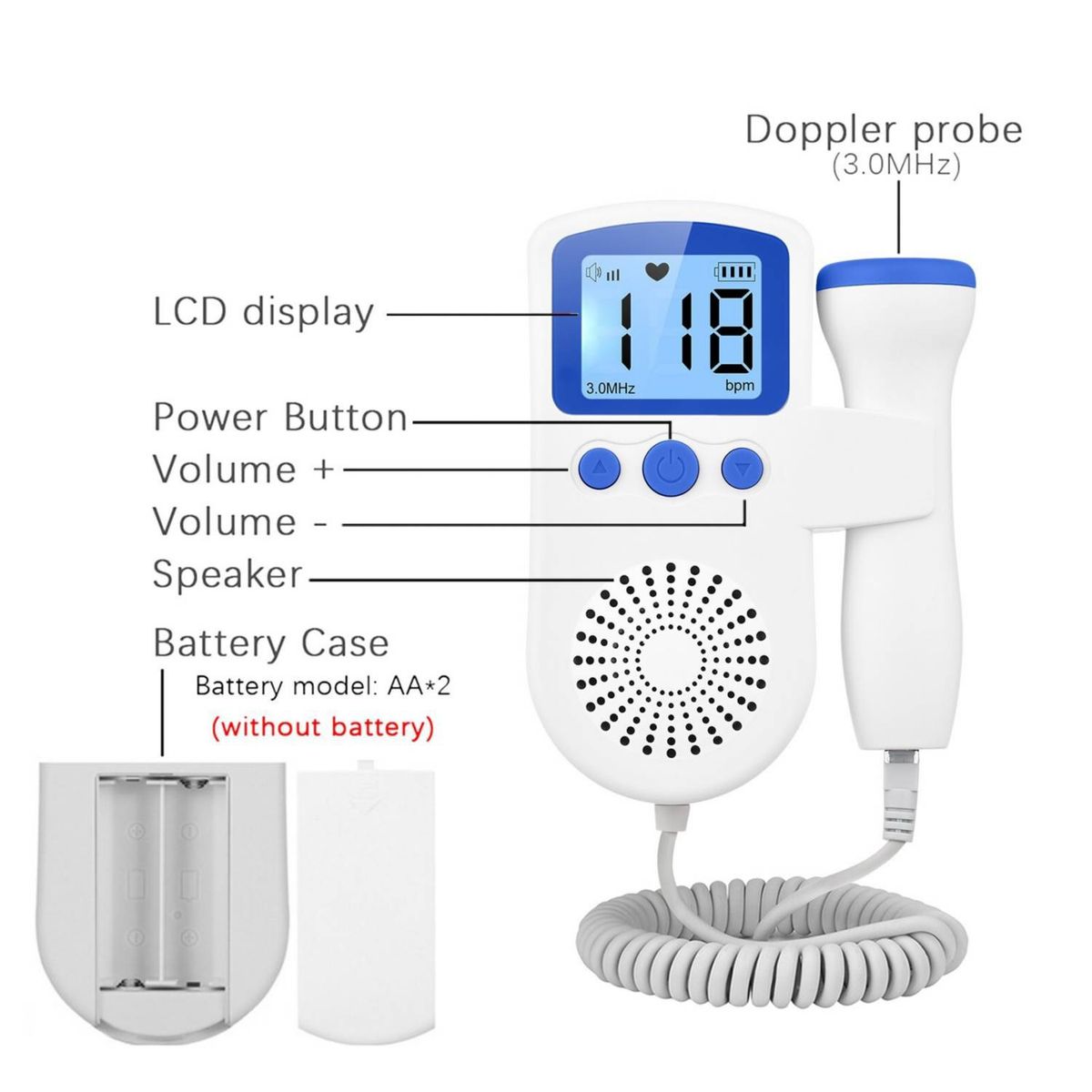 GENERICO - Monitor Fetal Doppler Ultrasonido Bebé Latidos Corazón Azul