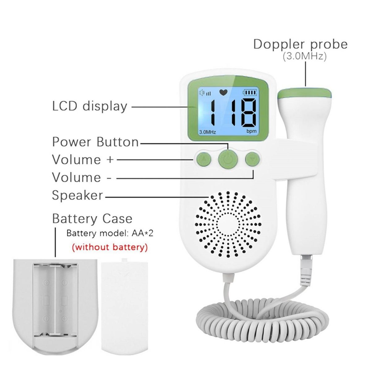 GENERICO - Monitor Fetal Doppler Ultrasonido Bebé Latidos Corazón Verde