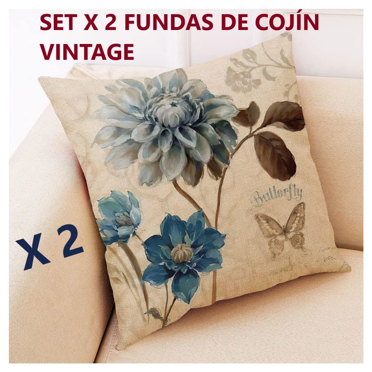 COMPRAPO - Set X 2 Fundas Cojín Estampado Flores Azules Acuarela Vintage 45x45 cm