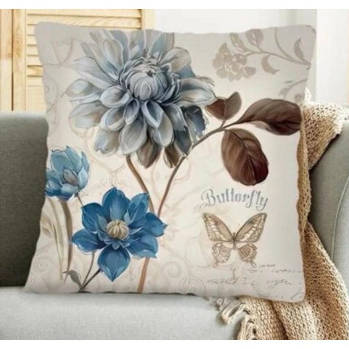 COMPRAPO - Set X 2 Fundas Cojín Estampado Flores Azules Acuarela Vintage 45x45 cm