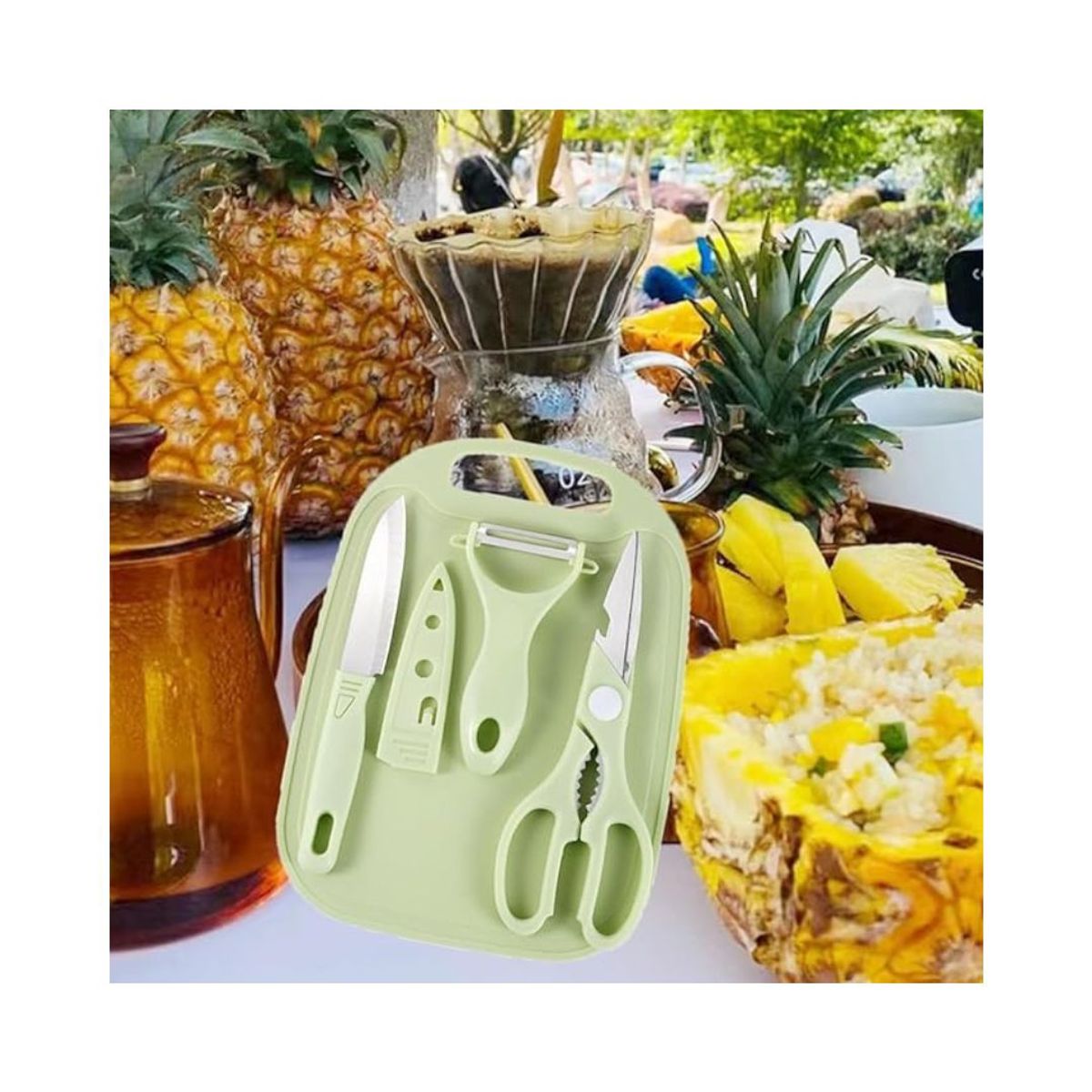 GENERICO - Set Juego De Cuchillos Tijera Inoxidable Cocina Pelador Tabla Verde