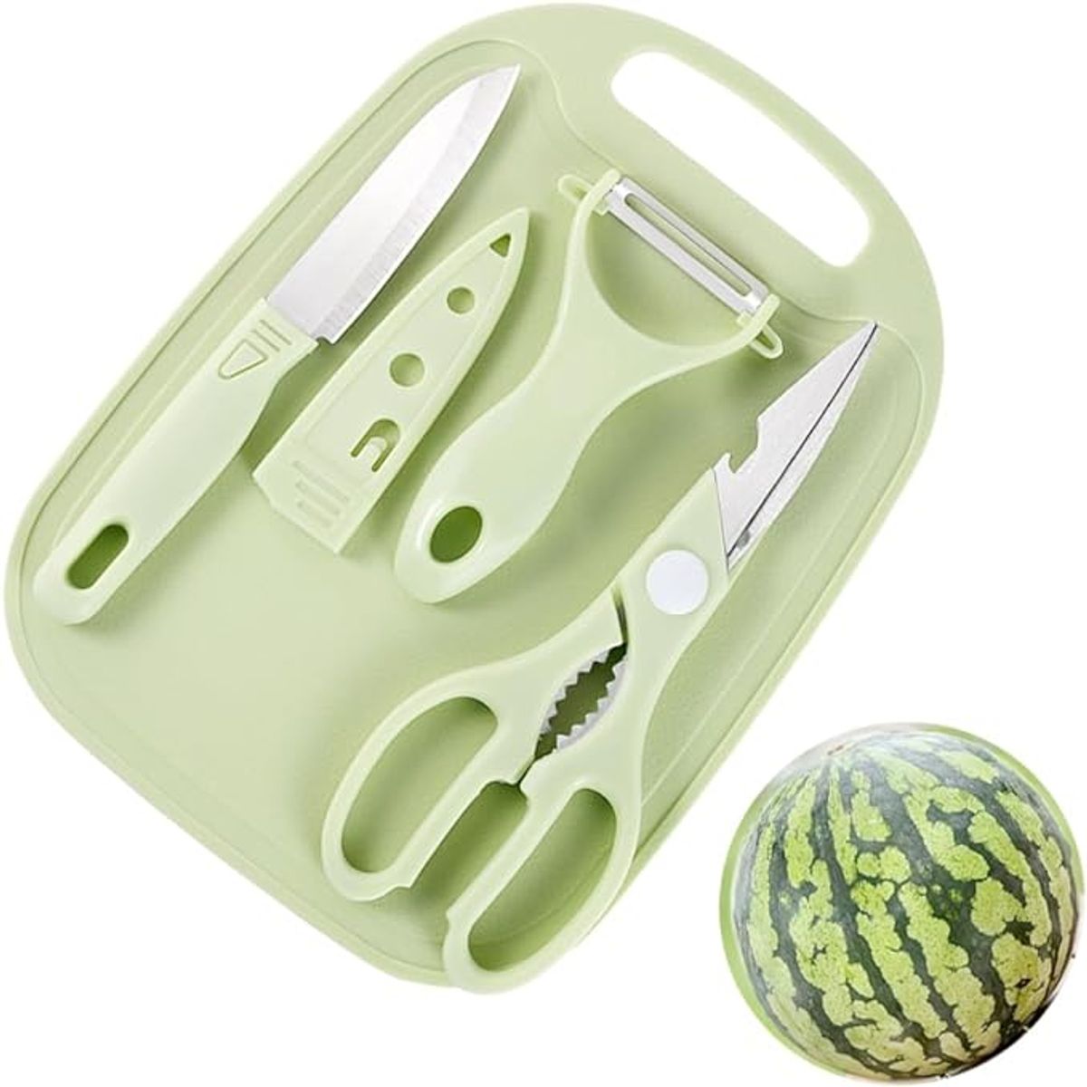 GENERICO - Set Juego De Cuchillos Tijera Inoxidable Cocina Pelador Tabla Verde