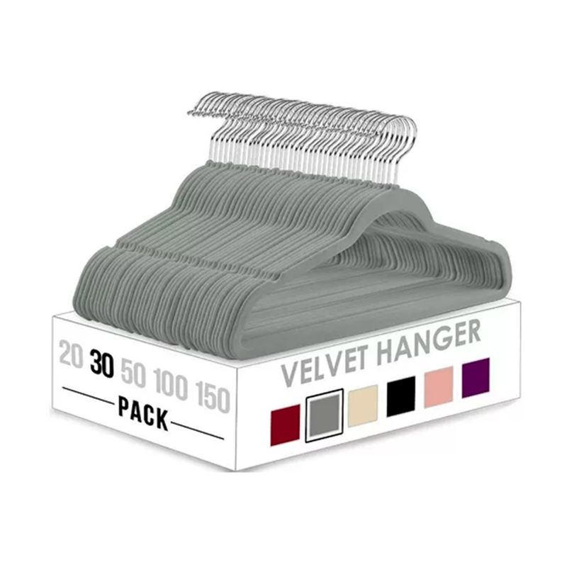 GENERICO - Set 30 Colgadores De Ropa Terciopelo Antideslizante Gris