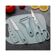 GENERICO - Set Juego De Cuchillos Tijera Inoxidable Cocina Pelador Tabla Azul