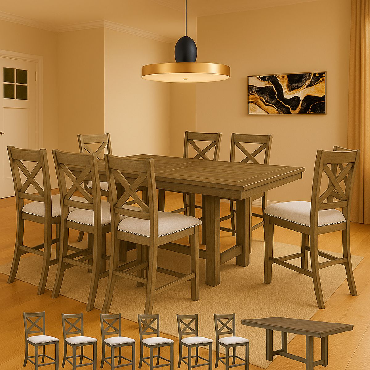 MSA MUEBLES SANTA ANA - Juego de Comedor Alto 8 Taburetes Mortimer (8 Puestos)