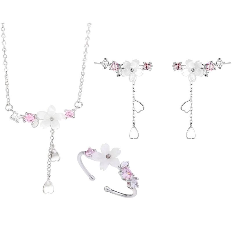 GENERICO - Conjunto Set Plata 925 Flor Cerezo Cherry Blossom Joya Amor