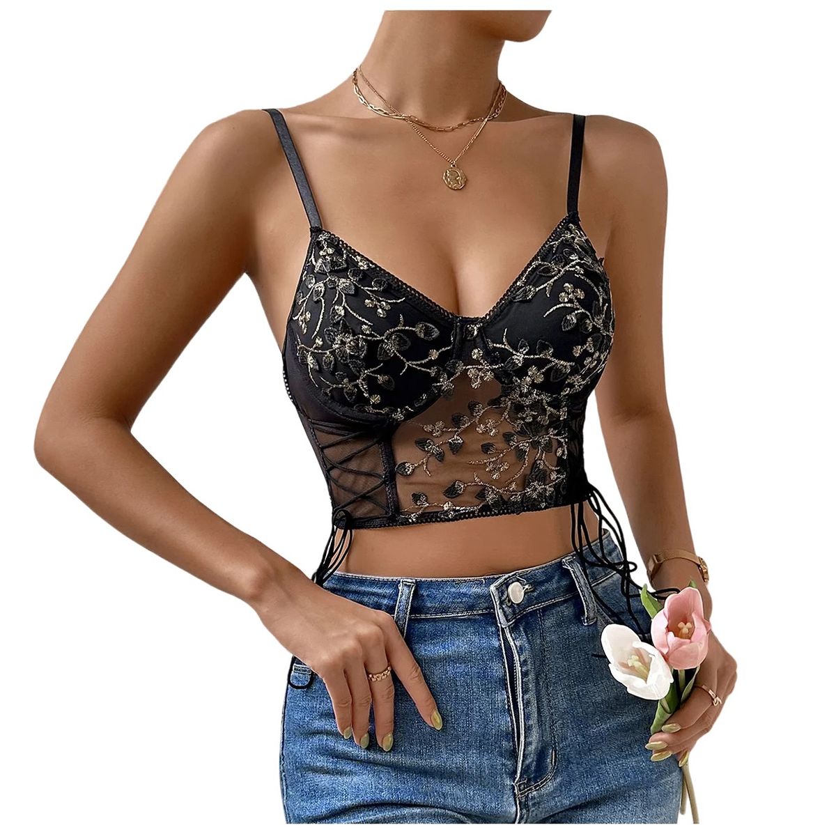 GARSIL - Crop Top Para Mujer Con Bordado De Flores Y Encaje Ajuste Lateral