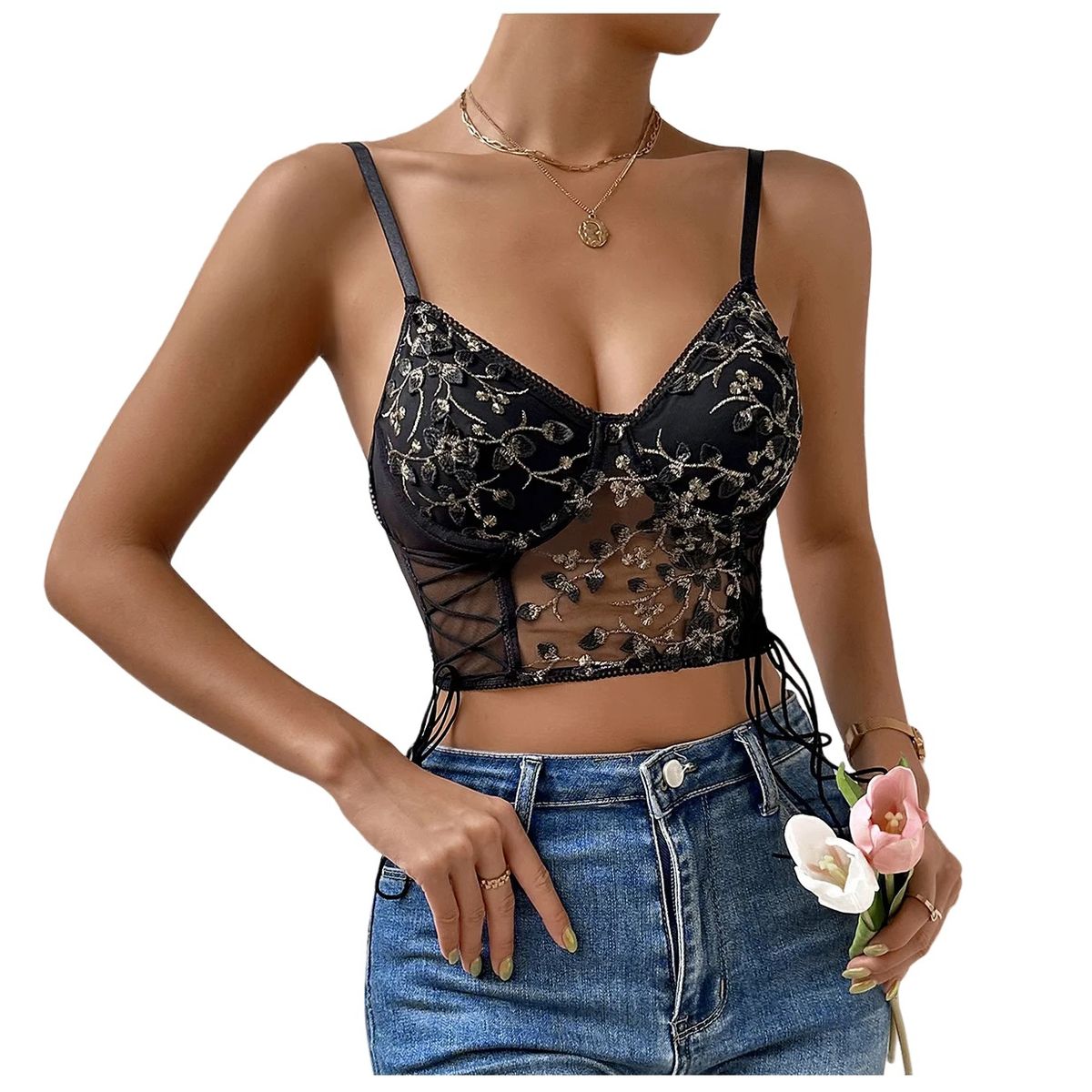 GARSIL - Crop Top Para Mujer Con Bordado De Flores Y Encaje Ajuste Lateral